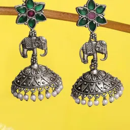OOMPH Jewellery Oxidized Silver Green & Red Elephant Design Ethnic Jhumki image 1