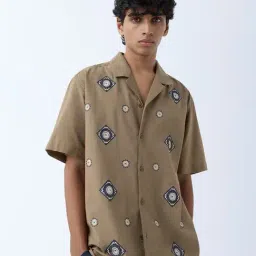 ETA by Westside Olive Embroidered Relaxed-Fit Cotton-Blend Shirt-picture-4