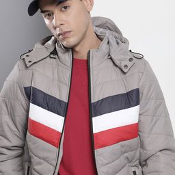 The Indian Garage Co Men Grey Navy Blue Striped Padded Jacket-29
