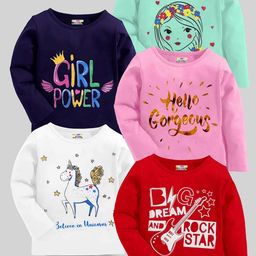 KUCHIPOO Girls Pack Of 5 Graphic Printed Pure Cotton T-Shirt-image-4