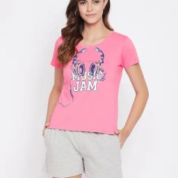Clovia Pink & Grey Graphic Print T-Shirt With Shorts-image-48