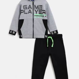 Chicco Kids Grey & Black Printed Full Sleeves Jacket Set-32