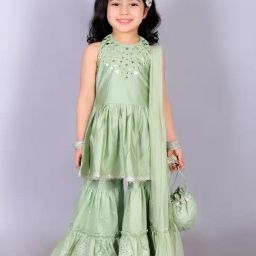 Lil Drama Kids Green Embellished Kurta, Gharara with Dupatta-image-60