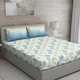 GM 'Matthiola' Yellow & Blue Cotton 150 TC Double Bedsheet with 2 Pillow Covers-image-96