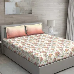 GM 'Matthiola' Yellow & Red Cotton 150 TC Double Bedsheet with 2 Pillow Covers-image-62