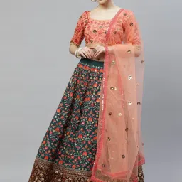 SHUBHKALA Teal Green & Peach Silk Embroidered Lehenga and Choli Set With Dupatta image 1