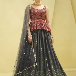 SHUBHKALA Grey & Red Embellished Lehenga and Choli Set With Dupatta image 1