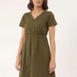 BRINNS Green Cotton Solid Fit & Flare Dress-image-3