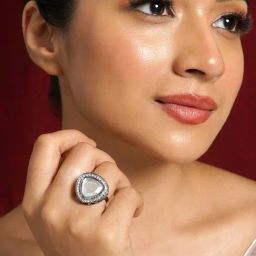 Teejh Silver Oxidized Uncut Polki Ring-image-19