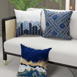 Bianca Suzane Navy & Gold Micro Fiber Reversible Printed Cushion Covers - Set of 3 image 1