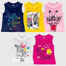 KUCHIPOO Girls Pack Of 5 Graphic Printed Sleeveless T-shirts-image-90