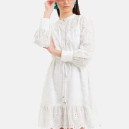Kazo White Cotton Self Design A Line Dress With Belt-image-54