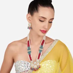 Zaveri Pearls Pink Grey Multistrand Crystal Kundan Bridal Necklace Earring Ring Set-ZPFK15900-image-49