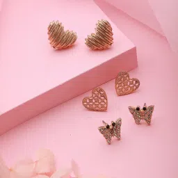 Aatmana Gold-Plated Cubic Zirconia Heart & Butterfly Shaped Stud Earrings - Set of 3 image 1