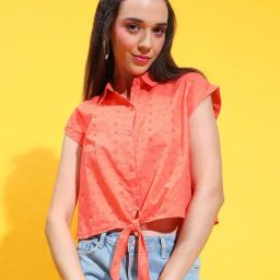 Oxolloxo Orange Cotton Self Design Crop Shirt-image-50