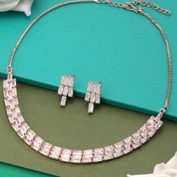 Zaveri Pearls Rose Gold Dazzling Baguette Cubic Zirconia Party Necklace Earring Set-ZPFK15899-image-33