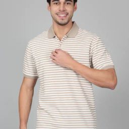 Cantabil Beige Regular Fit Striped Polo T-Shirt-image-80