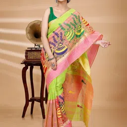 PuJoy Ethnic Motifs Zari Pure Cotton Taant Saree-15