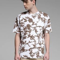 Jack & Jones White & Brown Cotton Loose Fit Floral Print T-Shirt-image-35