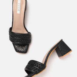 ELLE Black Iridescent Effect Woven Design & Textured Block Heels-47