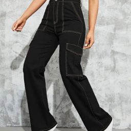Broadstar Black Relaxed Fit High Rise Cargo Jeans-image-62