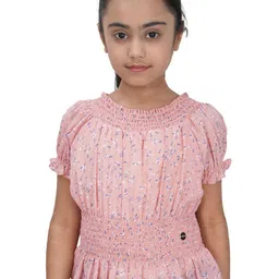 Tiny Girl Girls Peach & Blue Floral Printed Smocked Cinched Waist Top-image-80