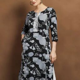 Melange Black Regular Fit Floral Print Kurta-20