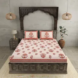 JaipurFabric Peach 240 TC 100% Cotton Floral Paradise Double Bedsheet with 2 Pillow Covers-image-91