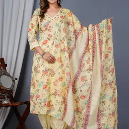 Angkor Women Yellow Pure Cotton With Dupatta-picture-4