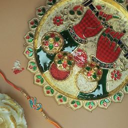 Anouk Beaded Rakhi With Pooja Thali & Roli Chawal & Greetings Card-image-45
