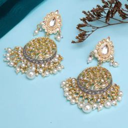 Karatcart Gold-Plated Handcrafted Grey Meena and Pearl Long Dangler Earrings-30