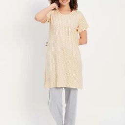 Clovia Beige & Grey Cotton Printed Sleep Tees Pyjamas Set-image-59