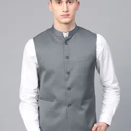 MANQ Men Grey Slim Fit Solid Nehru Jacket-17