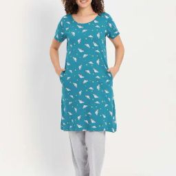 Clovia Blue & Grey Cotton Printed Sleep Tees Pyjamas Set-image-54