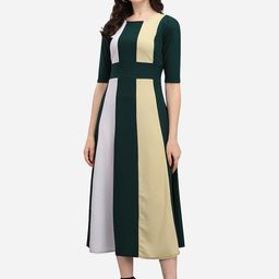 PURVAJA Green & White Colourblocked A-Line Midi Dress-image-63