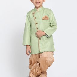 JBN Creation Boys Green & Rose Gold Solid Sherwani Set-28