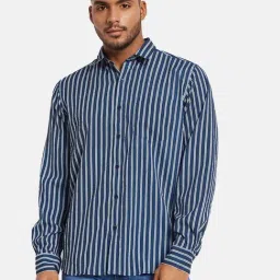 Mettle Navy Cotton Regular Fit Striped Shirt-image-99