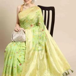 Silk Land Green Cotton Floral Ready To Wear Saree with Unstitched Blouse-image-85