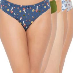 Clovia Blue & Green Cotton Printed Thong - Pack Of 5-image-16