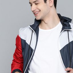 Mast & Harbour Men Navy Blue and White Colourblocked Lightweight Jacket-picture-22