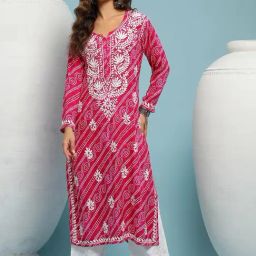 House of Chikankari Pink Embroidered Straight Kura-image-13