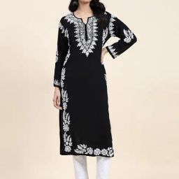 House Of Kari Samma Chikankari Long Kurta in Rayon Cotton for Women- Black-image-113