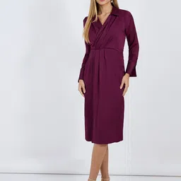 Styli Women Lapel Collar Wrap Puff Sleeves Sheath Midi Dress With Slit-image-69