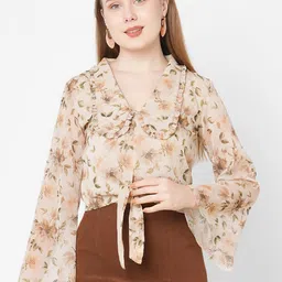 MISH Women Beige Floral Print Tie-Up Neck Chiffon Longline Top-image-6