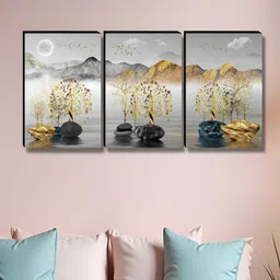 Myntra Elegant Homes Grey & Yellow 3 Pieces Tree Wall Art-12