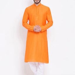NAMASKAR Men Orange Cotton Solid Kurta with Churidar-image-9