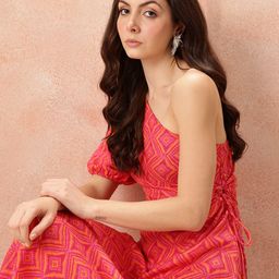 all about you Printed One Shoulder Asymmetric Hem Midi Dress with Tie Up Detail-image-42