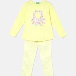 United Colors of Benetton Kids Yellow & White Printed Full Sleeves T-Shirt with Pyjamas-image-97