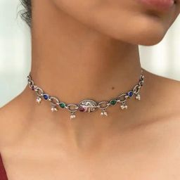 Shaya 92.5 Sterling Silver Feeling Rupvan Oxidised Choker in 925 Silver Necklace for Women-image-39
