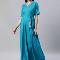 Swishchick Blue Abstract Printed V-Neck Gathered Or Pleated Rayon Ethnic Fit & Flare Dress-picture-32